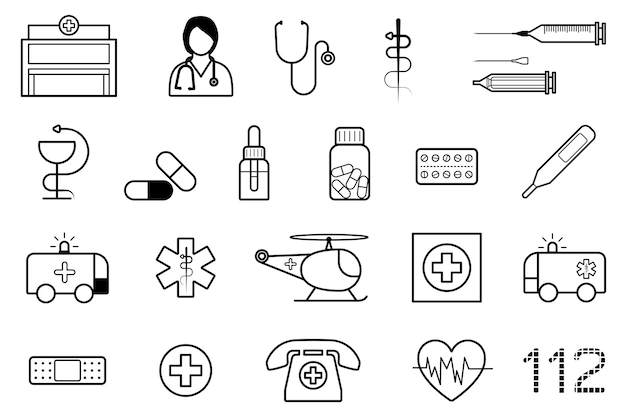 Ensemble d'icônes médicales Collection de symboles de médecine et de santé Illustration vectorielle de style ligne