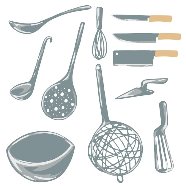 Ensemble D'icônes En Métal Plat Simple Ustensiles De Cuisine Vector Illustration Isolé Sur Fond Blanc