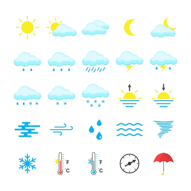 Ensemble D'icônes Météo Colorées Isolées Sur Fond Blanc. Illustration Vectorielle Plane.