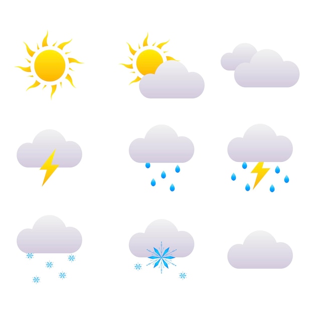 Ensemble d'icônes météorologiques Contient des icônes de soleil, de nuages, de flocons de neige, de vent, de pluie, de température, etc. Vecteur