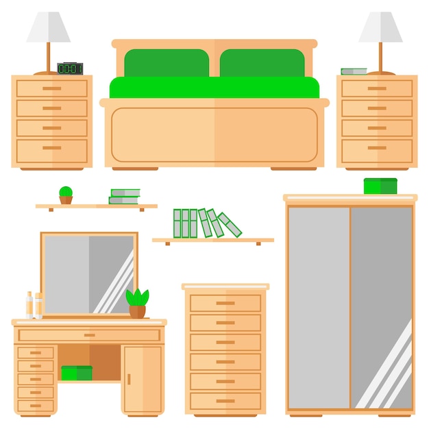 Vecteur ensemble d'icônes de meubles de chambre à coucher. objets isolés sur fond blanc. conception plate