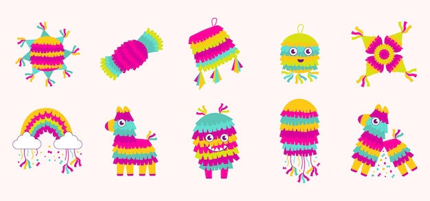 Ensemble D'icônes Mexicaines De Pinatas Jouets Colorés D'âne Et De Lama Avec Des Friandises Pour La Fête D'anniversaire