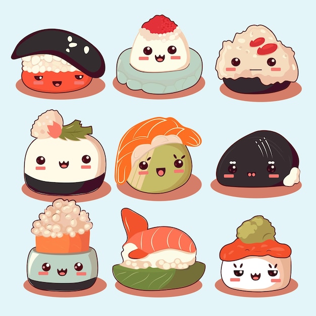 Ensemble d'icônes mignonnes de sushis et de rouleaux dans un style kawaii avec un visage souriant et des joues roses Plats de cuisine traditionnelle japonaise Temaki tempura nigiri tamago uramaki futomaki