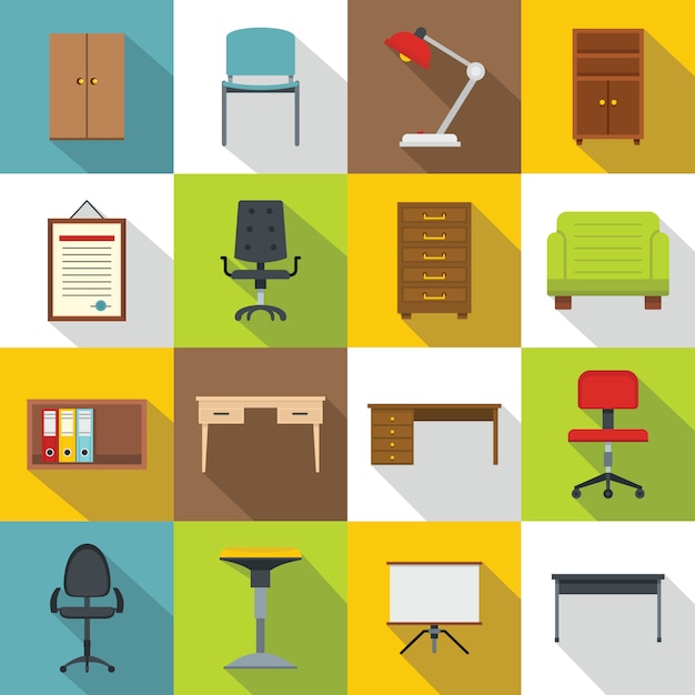 Ensemble d&#39;icônes de mobilier de bureau, style plat