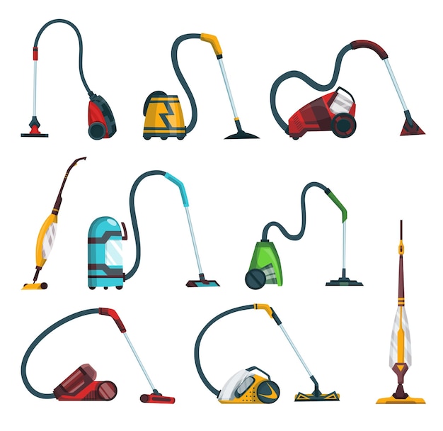 Ensemble d'icônes modernes d'aspirateur. Articles de nettoyage de tapis et cyclones de robots de lavage. Équipement de nettoyage de vecteur de dessin animé pour la maison, le bureau ou la voiture.