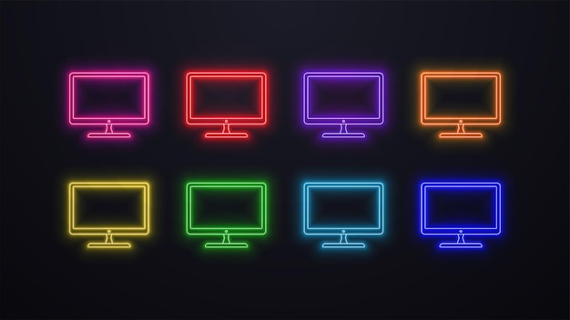 Un ensemble d'icônes de moniteur d'ordinateur au néon de différentes couleurs bleu vert rouge orange jaune violet et rose sur un fond noir