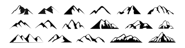 Ensemble D'icônes De Montagnes Silhouettes Noires De Relief Illustration Vectorielle En Style Cartoon