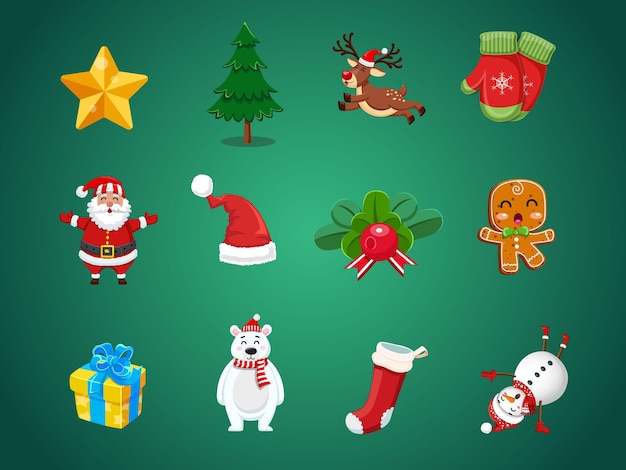 Ensemble d'icônes de Noël. Événement de célébration pour Joyeux Noël et Nouvel An. Illustration vectorielle clipart sur fond de couleur.