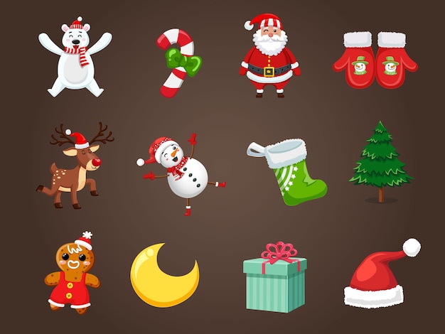 Ensemble d'icônes de Noël. Événement de célébration pour Joyeux Noël et Nouvel An. Illustration vectorielle clipart sur fond de couleur.