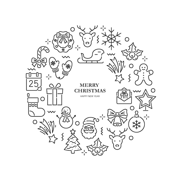 Vecteur ensemble d'icônes de noël sous la forme d'un cercle sur fond blanc. symboles pour le nouvel an et noël