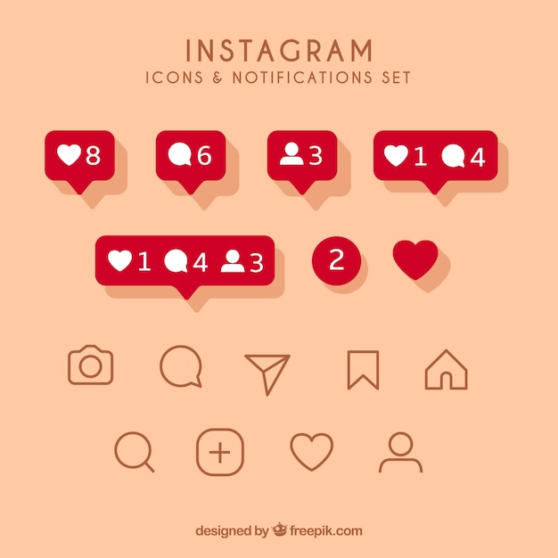 Ensemble d&#39;icônes et de notifications instagram plat