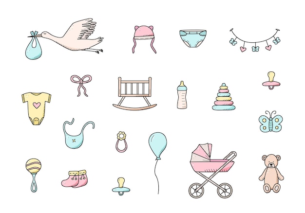 Vecteur ensemble d'icônes nouveau-né illustration vectorielle d'éléments pour un petit bébé poussette bébé hochets de travail et ours en peluche et bien plus encore