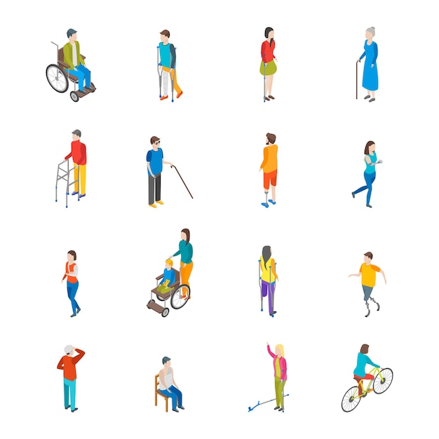 Ensemble d'icônes de personnages de personnes handicapées isométriques Vector