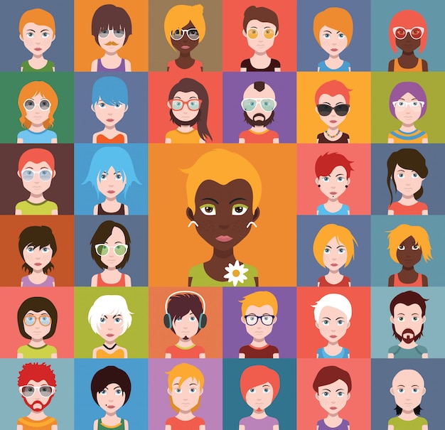 Ensemble d&#39;icônes de personnes dans un style plat avec des visages.