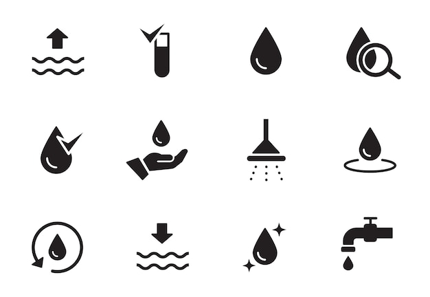 Ensemble d'icônes de pictogramme de goutte d'eau Icône de soins de mer de l'eau de recyclage écologique Symbole de forme noire solide