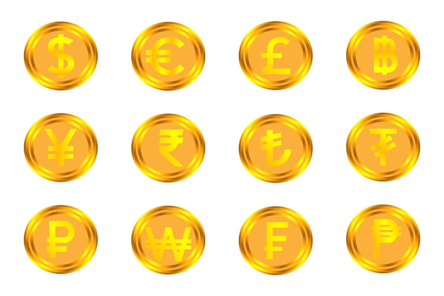 Vecteur ensemble d'icônes de pièces d'or de diverses devises mondiales