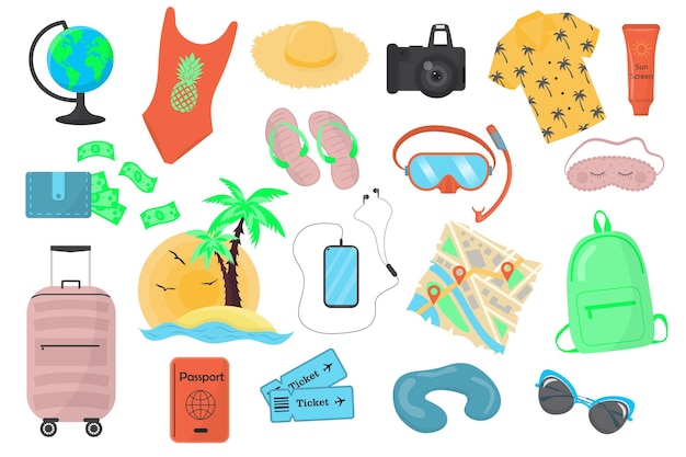 Ensemble d'icônes plates de couleur pour voyager isolé sur fond blanc Temps de voyager vacances d'été