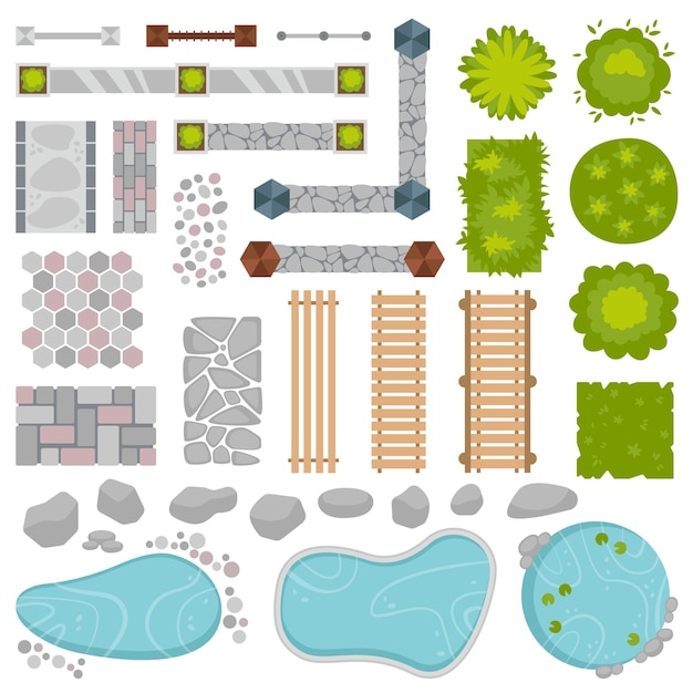 Vecteur ensemble d'icônes plates d'éléments architecturaux et paysagers élément de décor extérieur échelle en bois de pierres de clôture verte