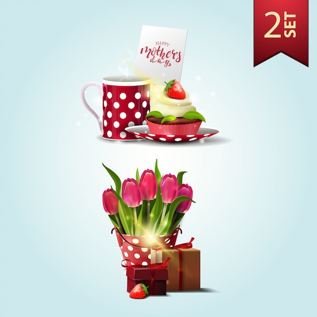 Ensemble D'icônes Pour La Fête Des Mères, Tasse De Thé Avec Cupcake, Seau Avec Tulipes Et Cadeau