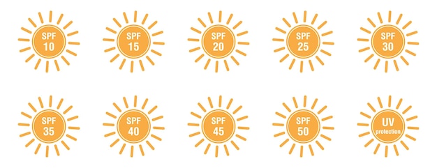 Ensemble d'icônes de protection solaire SPF plates isolées sur fond blanc Icônes pour produits de protection solaire ou autres cosmétiques pour la peau Illustration vectorielle