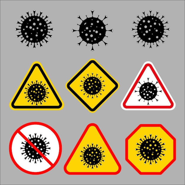 Ensemble D'icônes De Quarantaine Avec Coronavirus. Concept De Logo De Signe D'avertissement De Virus De La Couronne Isolé Sur Fond Gris. Covid 19. Illustration D'une Icône De Virus Dangereux. Illustration Vectorielle