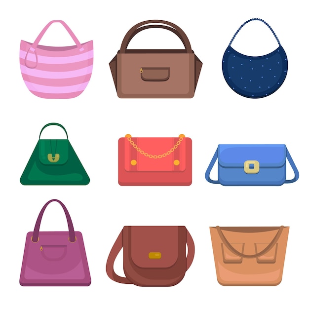 Ensemble d'icônes de sac femme. Différents sacs à main de mode isolés sur fond blanc. Accessoire d'été de la collection de sacs à main pour femmes.