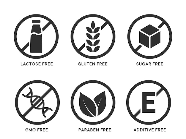 Ensemble D'icônes Sans Gluten, Sans Lactose, Sans Ogm, Sans Paraben, Additif Alimentaire, Sans Sucre. Illustration Vectorielle.