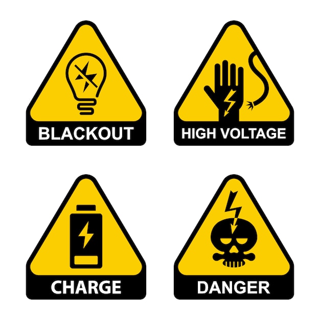 Vecteur ensemble d'icônes sur la sécurité électrique. autocollant soigneusement haute tension. illustration plate.