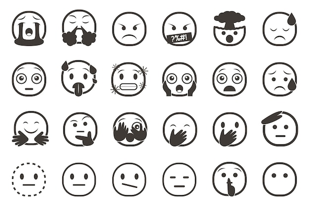 Ensemble d'icônes smiley emoticon Cartoon Emoji Set avec sourire triste émotion heureuse et plate