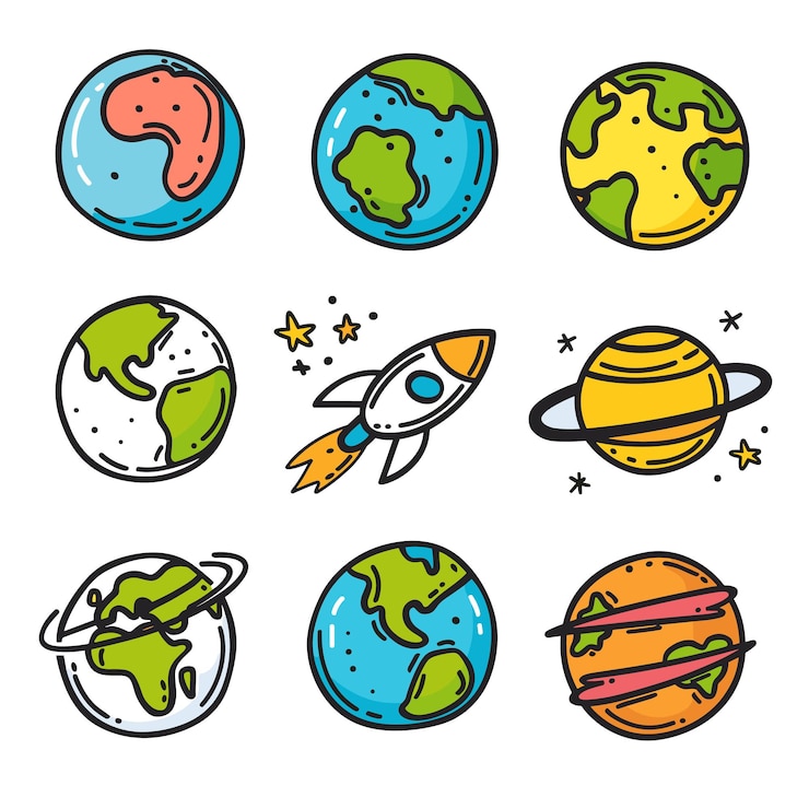 Vecteur un ensemble d'icônes spatiales colorées comprenant des planètes variées, des fusées de style dessin animé, des planètes de couleurs différentes.