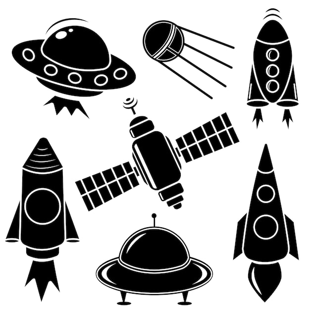 Un ensemble d'icônes spatiales isolées de planètes, de satellites, d'OVNIS et de fusées.