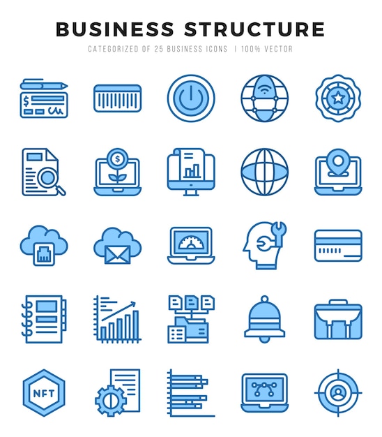 Vecteur ensemble d'icônes de structure d'entreprise simple deux couleurs paquet d'icône de style artistique