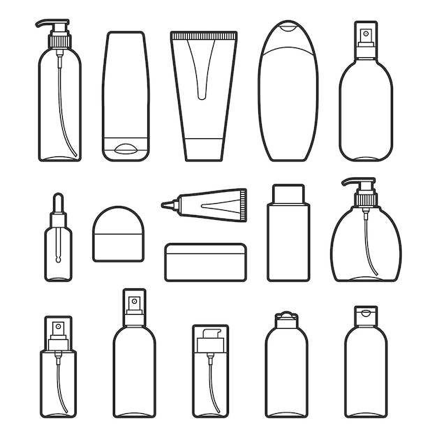 Vecteur ensemble d'icônes de style de ligne de bouteilles cosmétiques sur blanc. collection de différentes formes et types