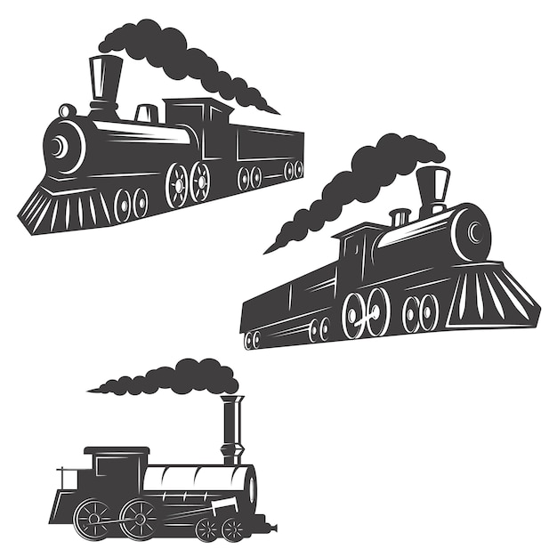 Ensemble d'icônes de trains sur fond blanc. éléments pour logo, étiquette, emblème, signe, marque.