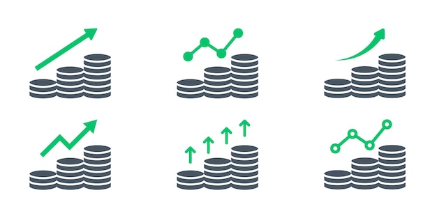 Ensemble D'icônes Vectorielles D'augmentation Des Revenus Graphique Avec Augmentation De L'argent Flèche Vers Le Haut Profit De Croissance