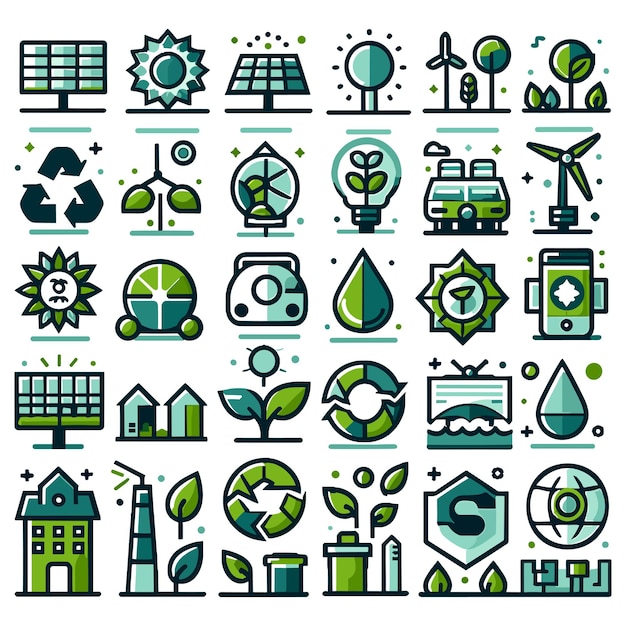 Ensemble d'icônes vectorielles en conception plate simple pour les ressources énergétiques alternatives et le mode de vie durable