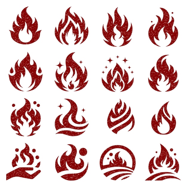 Un ensemble d'icônes vectorielles de flammes de feu dans le style de texture grunge.