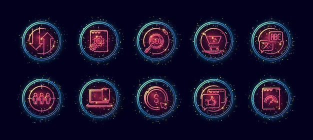 Ensemble d'icônes vectorielles lineart 10 en 1 lié au thème d'optimisation des liens seo dans le style néon avec particules