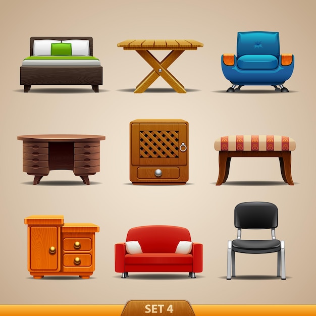 Vecteur ensemble d'icônes vectorielles de meubles mignons 4