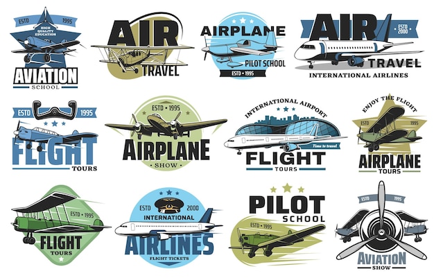 Vecteur ensemble d'icônes vectorielles de spectacles aéronautiques et de vols