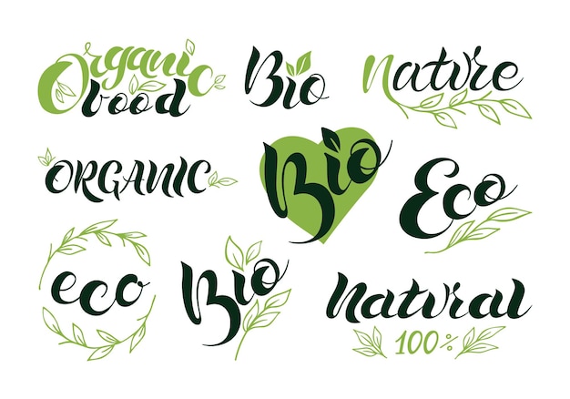 Vecteur ensemble d'icônes végétaliennes, écologiques, bio, biologiques, fraîches, saines, 100 pour cent, naturelles. lettrage de logo. illustration vectorielle eps 10.