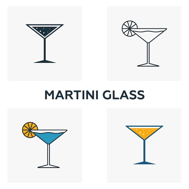 Vecteur ensemble d'icônes de verre à martini quatre éléments dans différents styles de la collection d'icônes de bar et de restaurant icônes de verre à martini créatives remplies de symboles colorés et plats