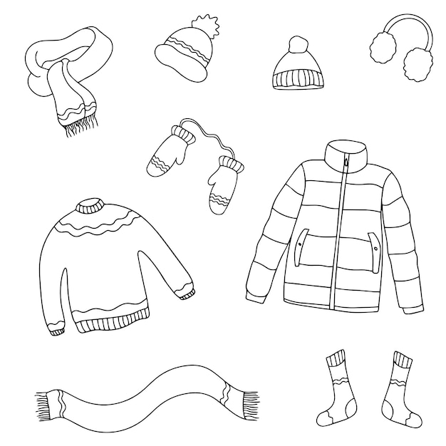 Ensemble d'icônes de vêtements d'hiver Illustration vectorielle doodle Collection vectorielle de vêtements automne hiver Doodle