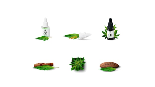 Ensemble D'icônes Volumétriques De L'industrie Du Cannabis Isolés Sur Fond Blanc. Cannabis En Pot, Huile De Cbd Et Chocolat Cbd