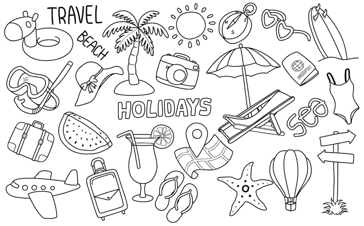 Vecteur ensemble d'icônes de voyage doodle tourisme et aventure estivale