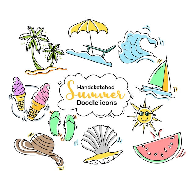 Ensemble d'idées d'icônes de doodle esquissées à la main simples dans un style d'art en ligne pour le vecteur de la saison estivale