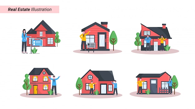 Vecteur ensemble d'illustration d'annonces immobilières, immobilières et immobilières affichant les vendeurs et les acheteurs