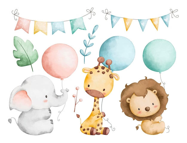 Ensemble D'illustration Aquarelle De Bébés Animaux Et Ballon