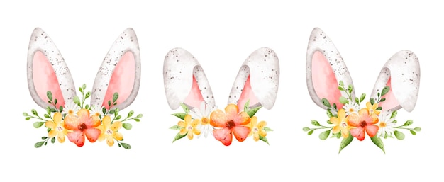 Ensemble d'illustration aquarelle d'oreille de lapin de Pâques avec couronne de fleurs