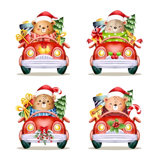 Ensemble D'illustration Aquarelle D'ours De Noël équitation Voiture Rouge